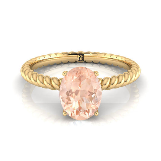 14K Yellow Gold Oval Morganite Twisted Rope Solitaire With Surprize Diamond Engagement Ring