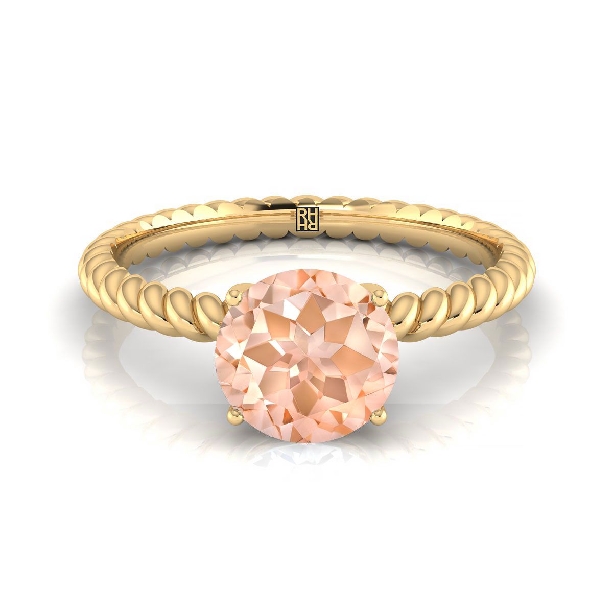 18K Yellow Gold Round Brilliant Morganite Twisted Rope Solitaire With Surprize Diamond Engagement Ring