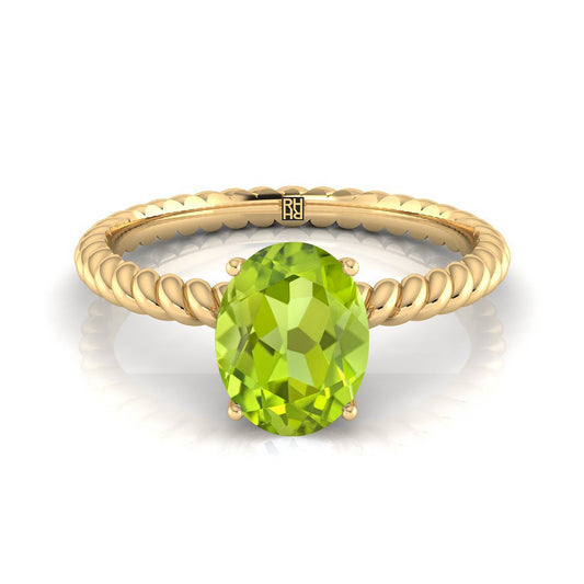 18K Yellow Gold Oval Peridot Twisted Rope Solitaire With Surprize Diamond Engagement Ring