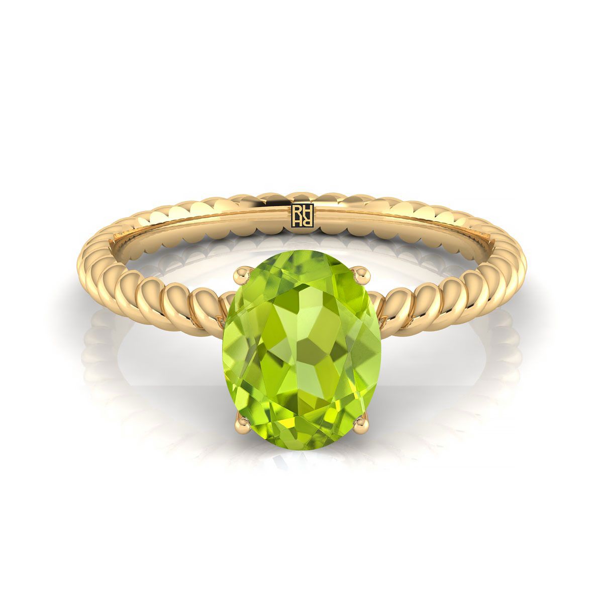 14K Yellow Gold Oval Peridot Twisted Rope Solitaire With Surprize Diamond Engagement Ring