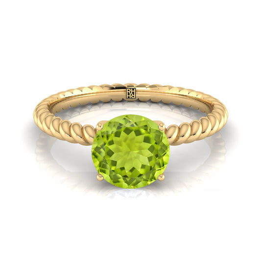 18K Yellow Gold Round Brilliant Peridot Twisted Rope Solitaire With Surprize Diamond Engagement Ring