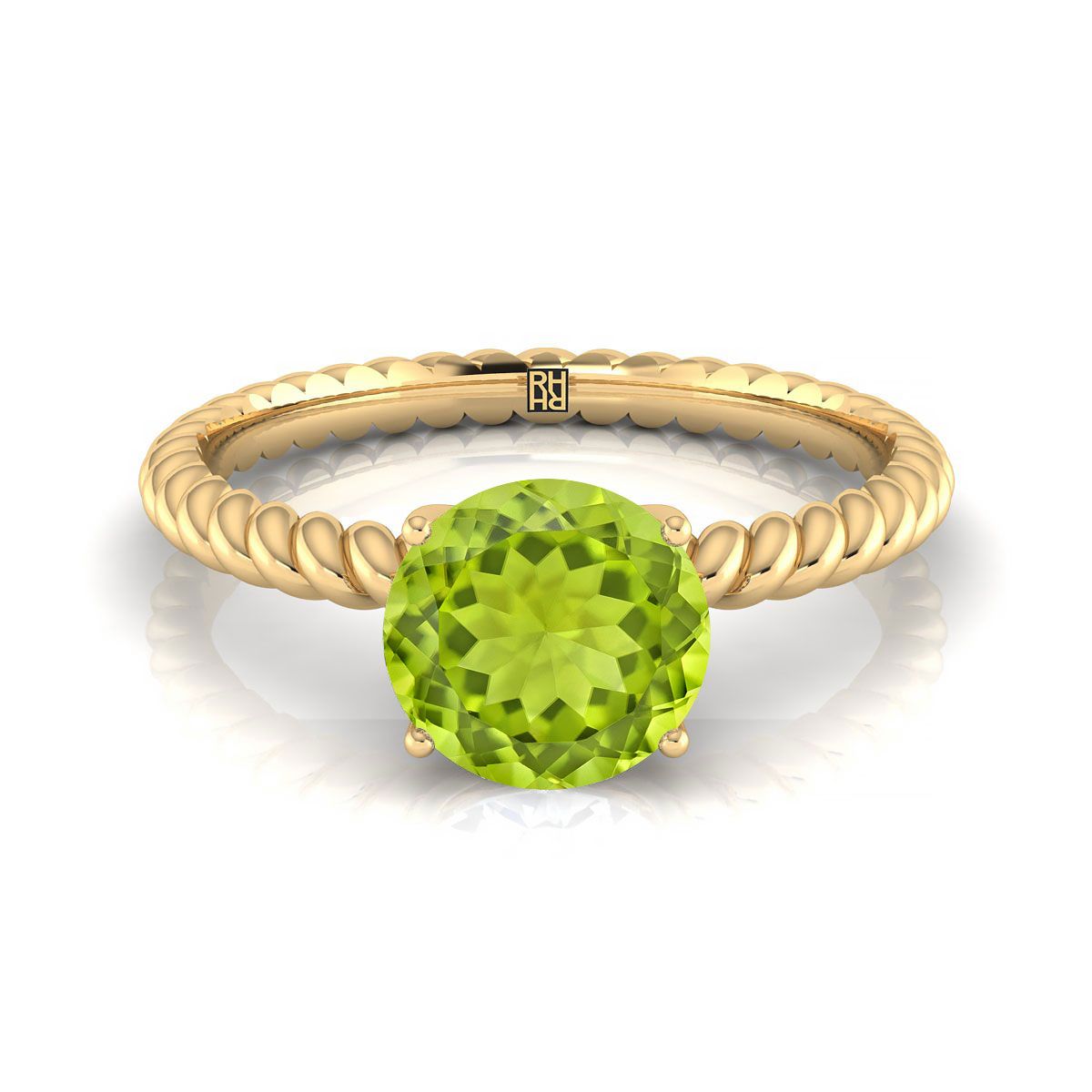14K Yellow Gold Round Brilliant Peridot Twisted Rope Solitaire With Surprize Diamond Engagement Ring