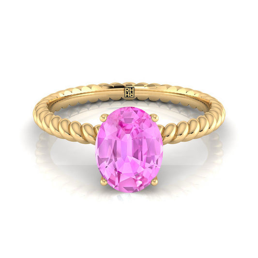 18K Yellow Gold Oval Pink Sapphire Twisted Rope Solitaire With Surprize Diamond Engagement Ring