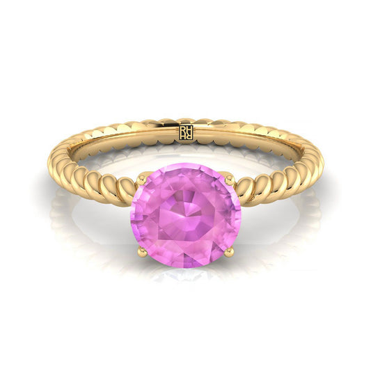 18K Yellow Gold Round Brilliant Pink Sapphire Twisted Rope Solitaire With Surprize Diamond Engagement Ring