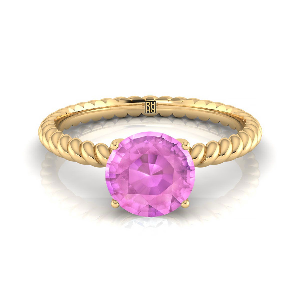 14K Yellow Gold Round Brilliant Pink Sapphire Twisted Rope Solitaire With Surprize Diamond Engagement Ring
